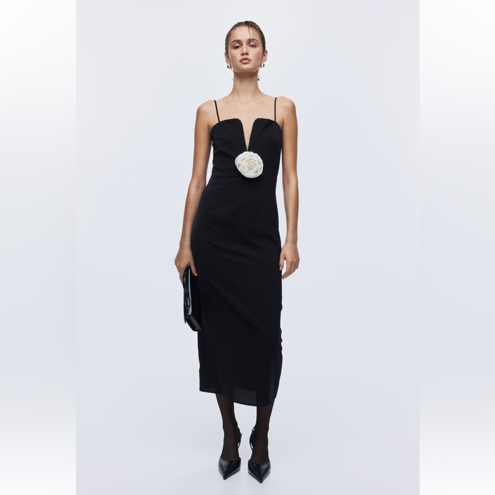 H&M Black Midi Dress with White Floral Detail